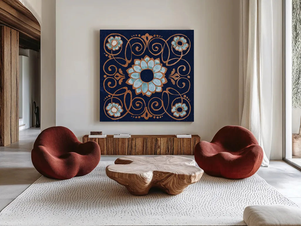 October Garden XII Blue by Beth Grove. Shown as extra-large giant wall art in a modern living room. Available as an archival giclee rolled canvas, fine art paper, or poster print. SKU 39635a.