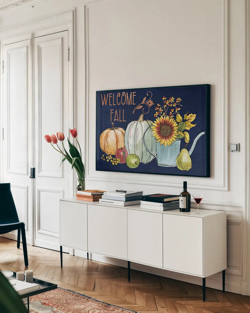 October Garden XIII Blue by Beth Grove. shown as a framed stretched canvas in a living room above a console. Available as a archival giclee rolled canvas, fine art paper, or poster print. SKU 39636i.