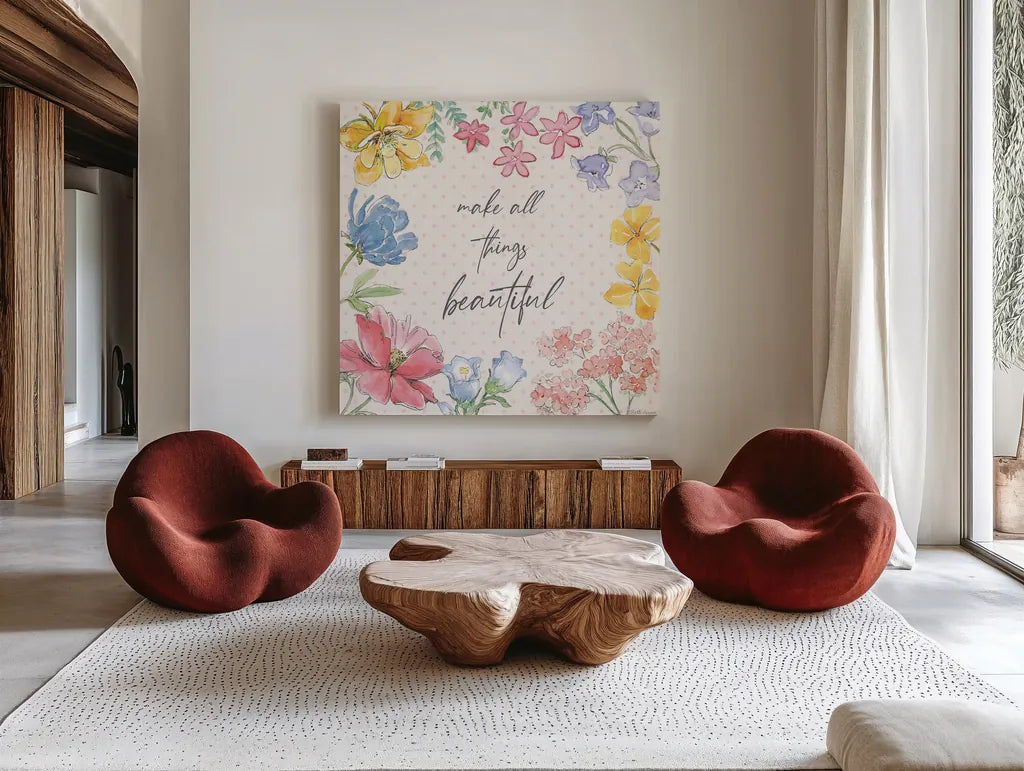 Peaceful Petals IX by Beth Grove. Shown as extra-large giant wall art in a modern living room. Available as an archival giclee rolled canvas, fine art paper, or poster print. SKU 69994a.