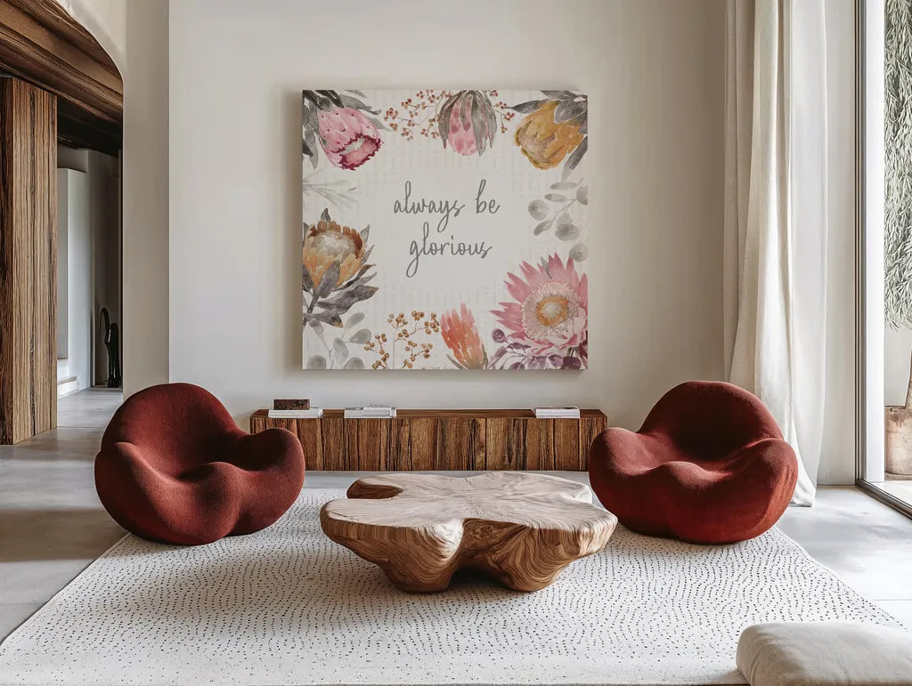 Petal Passion II Soft Boho by Beth Grove. Shown as extra-large giant wall art in a modern living room. Available as an archival giclee rolled canvas, fine art paper, or poster print. SKU 71434a.