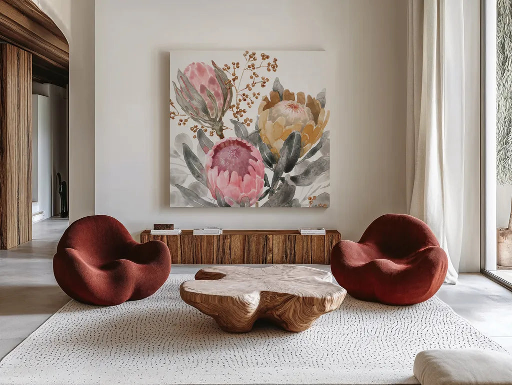 Petal Passion IX Soft Boho by Beth Grove. Shown as extra-large giant wall art in a modern living room. Available as an archival giclee rolled canvas, fine art paper, or poster print. SKU 71439a.