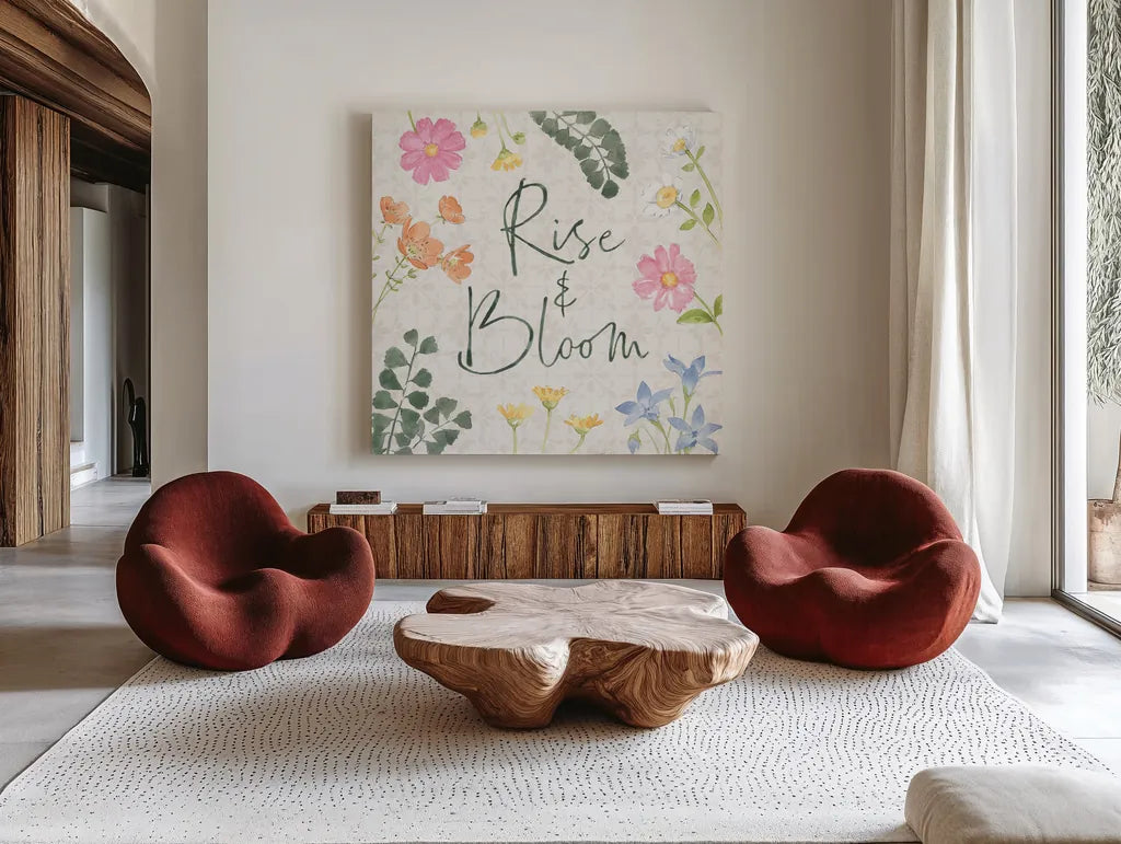 Petals and Promise VI by Beth Grove. Shown as extra-large giant wall art in a modern living room. Available as an archival giclee rolled canvas, fine art paper, or poster print. SKU 102051a.