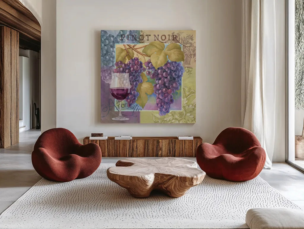Pinot Noir by Beth Grove. Shown as extra-large giant wall art in a modern living room. Available as an archival giclee rolled canvas, fine art paper, or poster print. SKU 29648a.