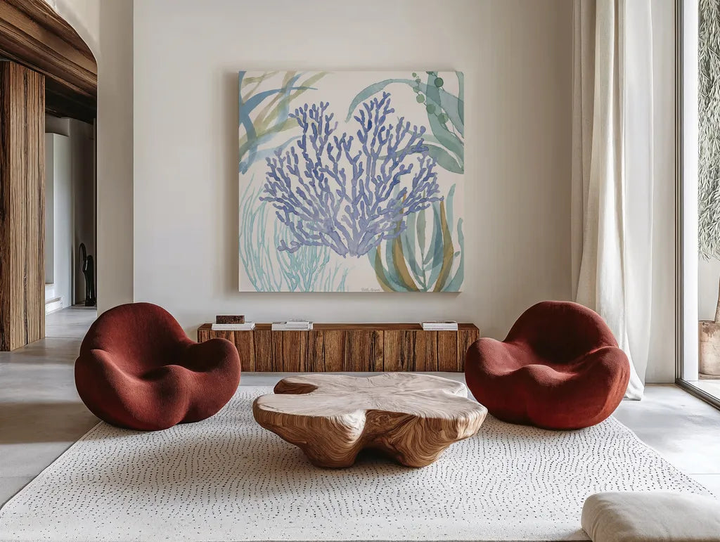 Soft Shores VIII by Beth Grove. Shown as extra-large giant wall art in a modern living room. Available as an archival giclee rolled canvas, fine art paper, or poster print. SKU 72859a.