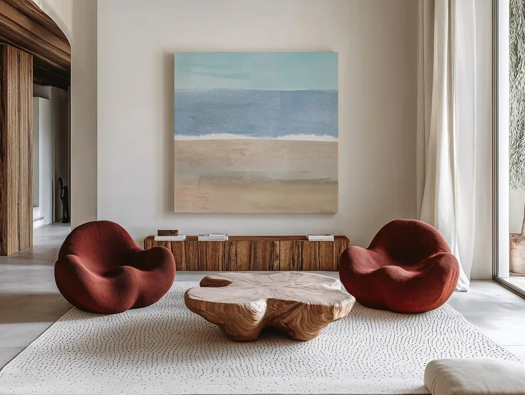 Soft Shores X by Beth Grove. Shown as extra-large giant wall art in a modern living room. Available as an archival giclee rolled canvas, fine art paper, or poster print. SKU 72861a.