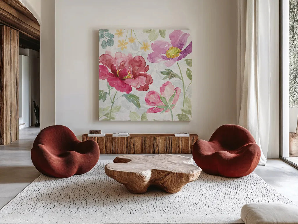 Springtime Bloom II by Beth Grove. Shown as extra-large giant wall art in a modern living room. Available as an archival giclee rolled canvas, fine art paper, or poster print. SKU 50043a.