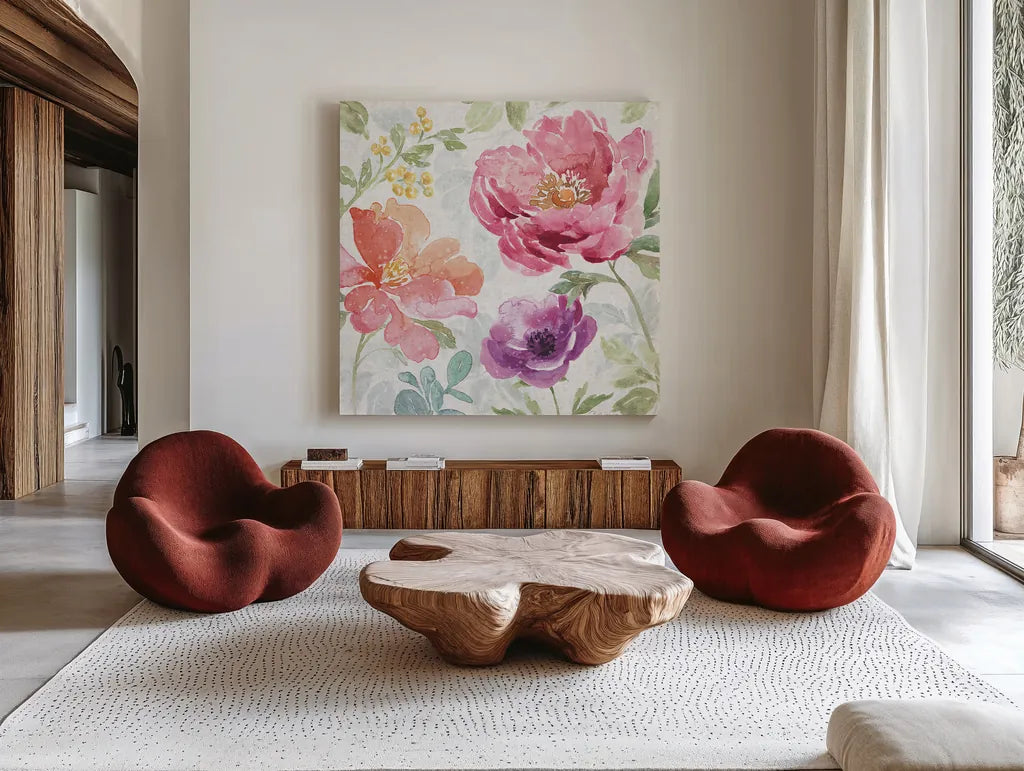 Springtime Bloom III by Beth Grove. Shown as extra-large giant wall art in a modern living room. Available as an archival giclee rolled canvas, fine art paper, or poster print. SKU 50044a.