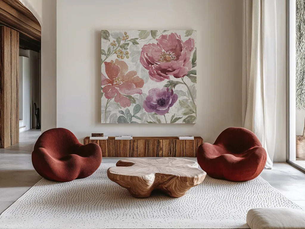 Springtime Bloom III Dark by Beth Grove. Shown as extra-large giant wall art in a modern living room. Available as an archival giclee rolled canvas, fine art paper, or poster print. SKU 54534a.