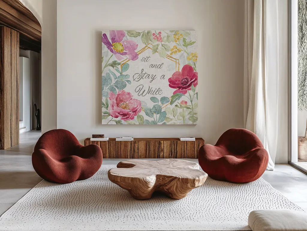 Springtime Bloom VII by Beth Grove. Shown as extra-large giant wall art in a modern living room. Available as an archival giclee rolled canvas, fine art paper, or poster print. SKU 50048a.