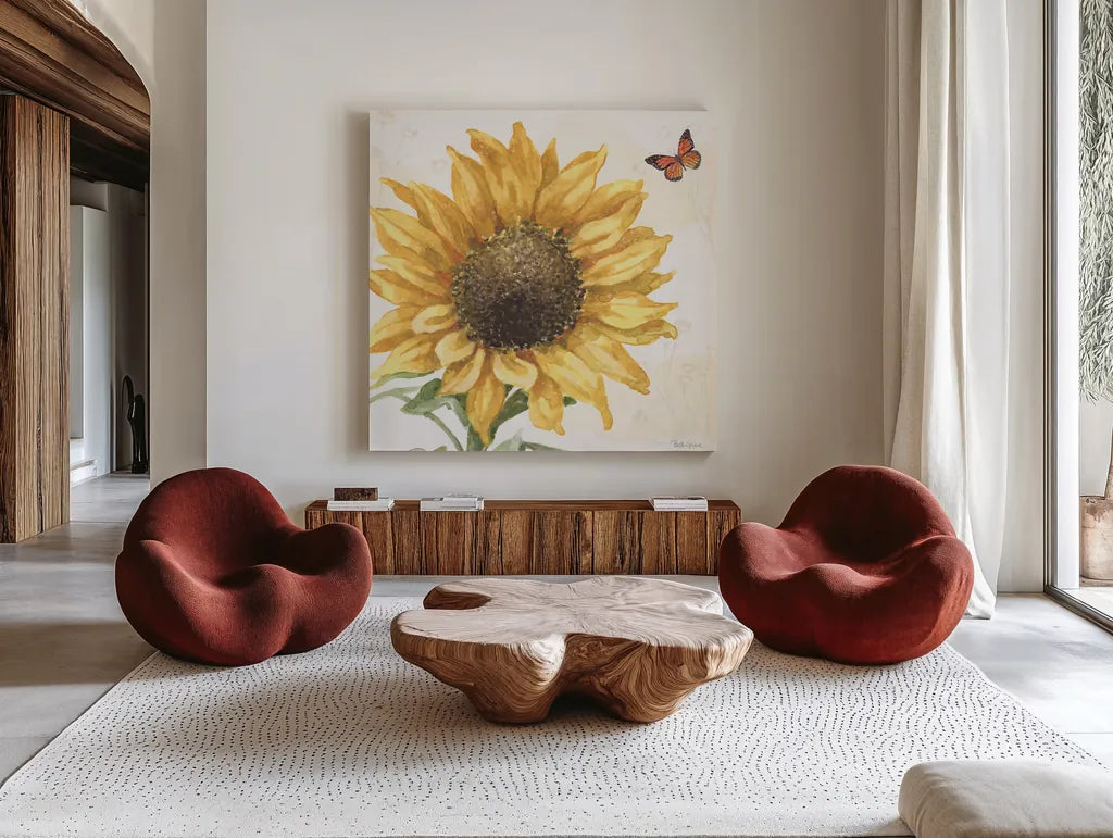 Sunflower Splendor IX by Beth Grove. Shown as extra-large giant wall art in a modern living room. Available as an archival giclee rolled canvas, fine art paper, or poster print. SKU 65347a.