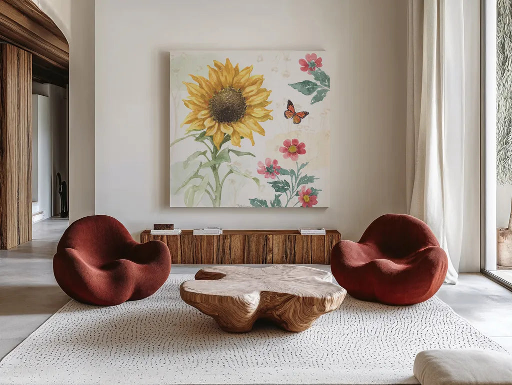 Sunflower Splendor V by Beth Grove. Shown as extra-large giant wall art in a modern living room. Available as an archival giclee rolled canvas, fine art paper, or poster print. SKU 65343a.