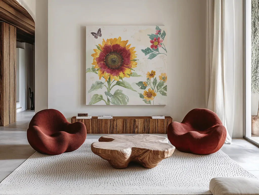 Sunflower Splendor VII by Beth Grove. Shown as extra-large giant wall art in a modern living room. Available as an archival giclee rolled canvas, fine art paper, or poster print. SKU 65345a.