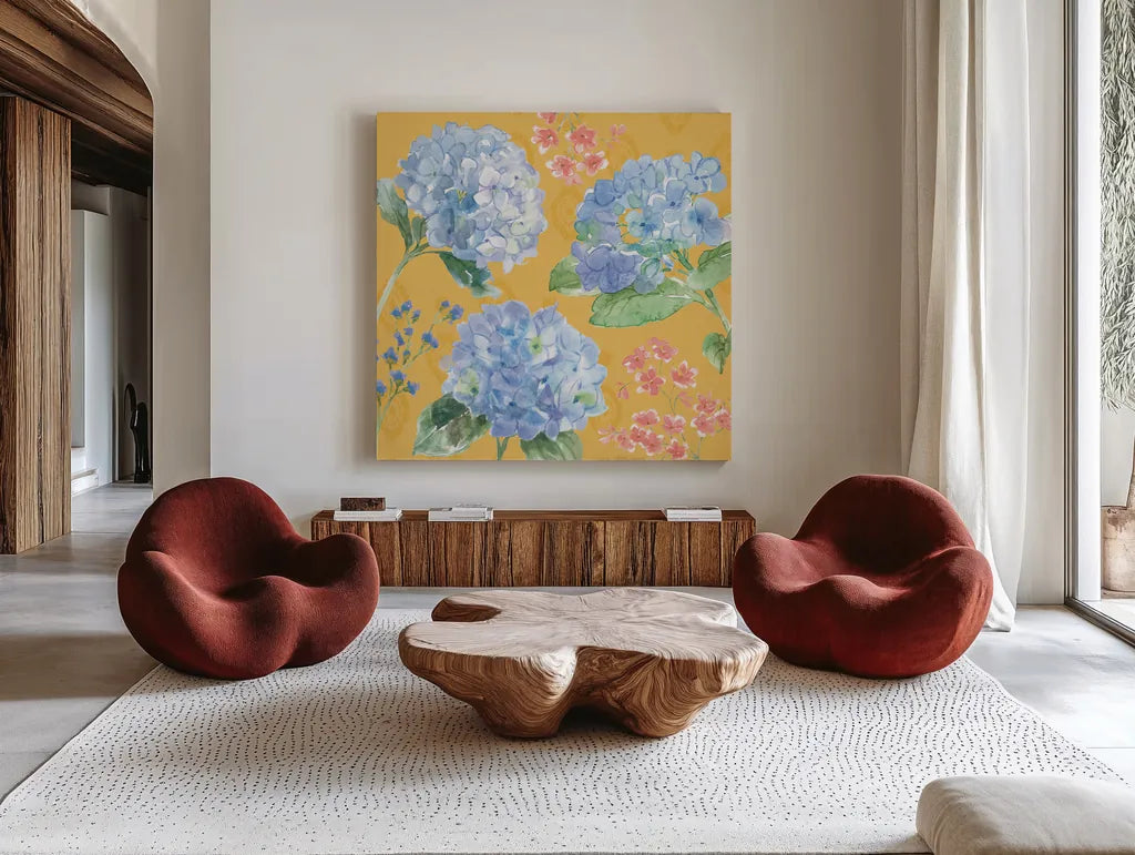 Sweet Garden IV by Beth Grove. Shown as extra-large giant wall art in a modern living room. Available as an archival giclee rolled canvas, fine art paper, or poster print. SKU 95992a.