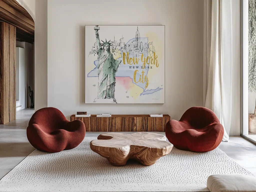 US Cities IV by Beth Grove. Shown as extra-large giant wall art in a modern living room. Available as an archival giclee rolled canvas, fine art paper, or poster print. SKU 27169a.