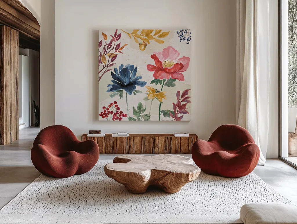 Watercolor Fall III by Beth Grove. Shown as extra-large giant wall art in a modern living room. Available as an archival giclee rolled canvas, fine art paper, or poster print. SKU 47131a.