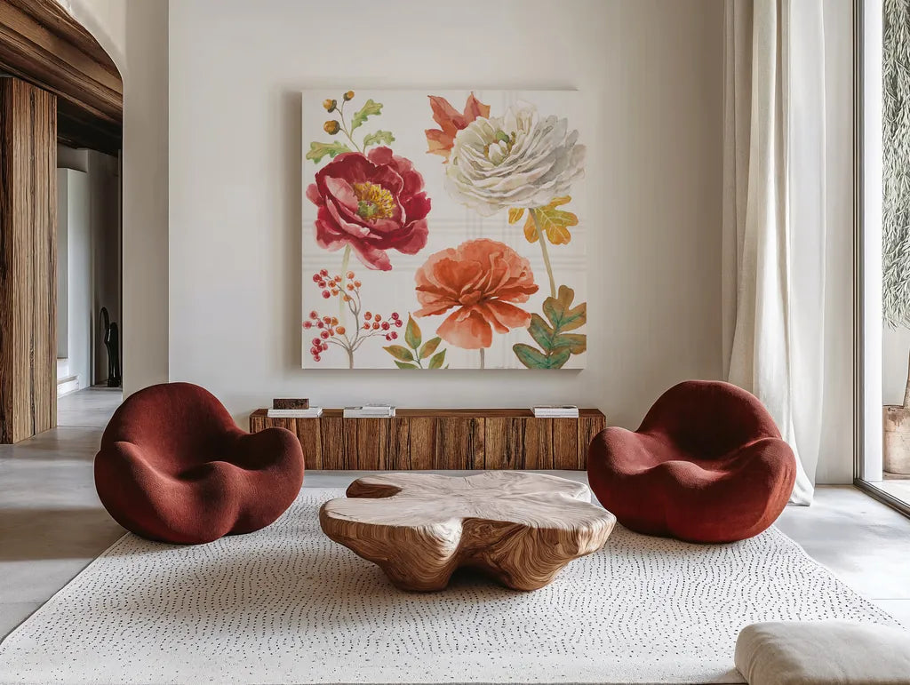 Wooded Harvest IX by Beth Grove. Shown as extra-large giant wall art in a modern living room. Available as an archival giclee rolled canvas, fine art paper, or poster print. SKU 80876a.