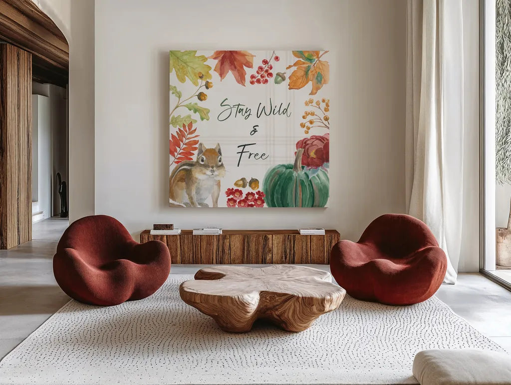 Wooded Harvest VI by Beth Grove. Shown as extra-large giant wall art in a modern living room. Available as an archival giclee rolled canvas, fine art paper, or poster print. SKU 80873a.