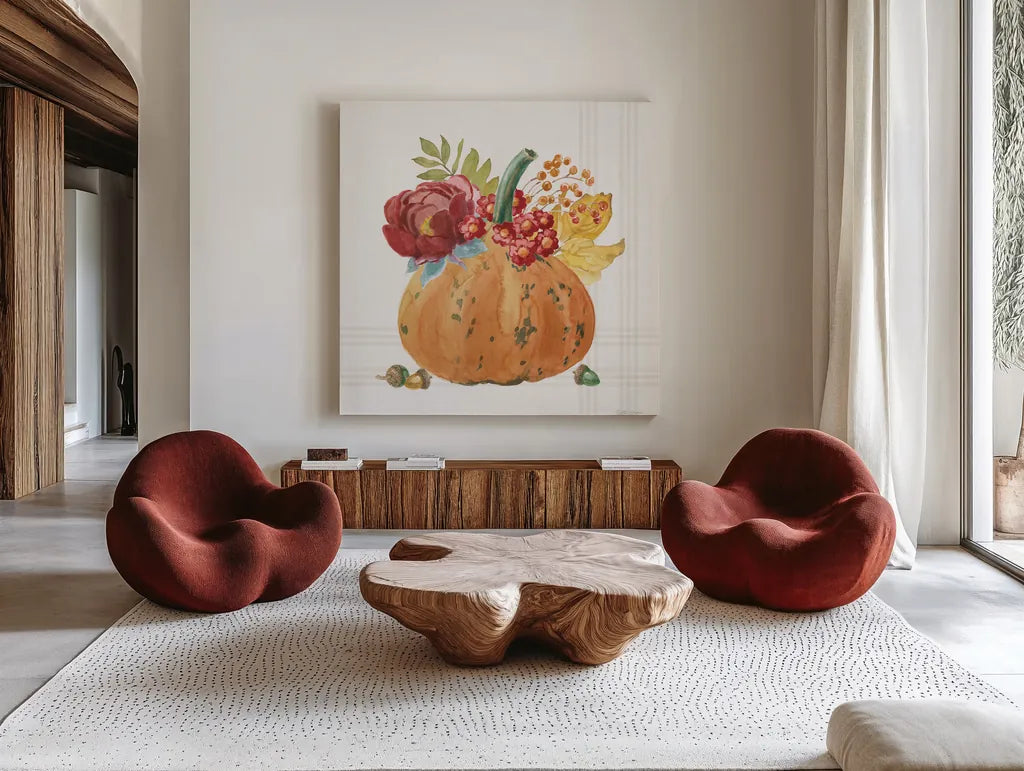 Wooded Harvest XI by Beth Grove. Shown as extra-large giant wall art in a modern living room. Available as an archival giclee rolled canvas, fine art paper, or poster print. SKU 80878a.