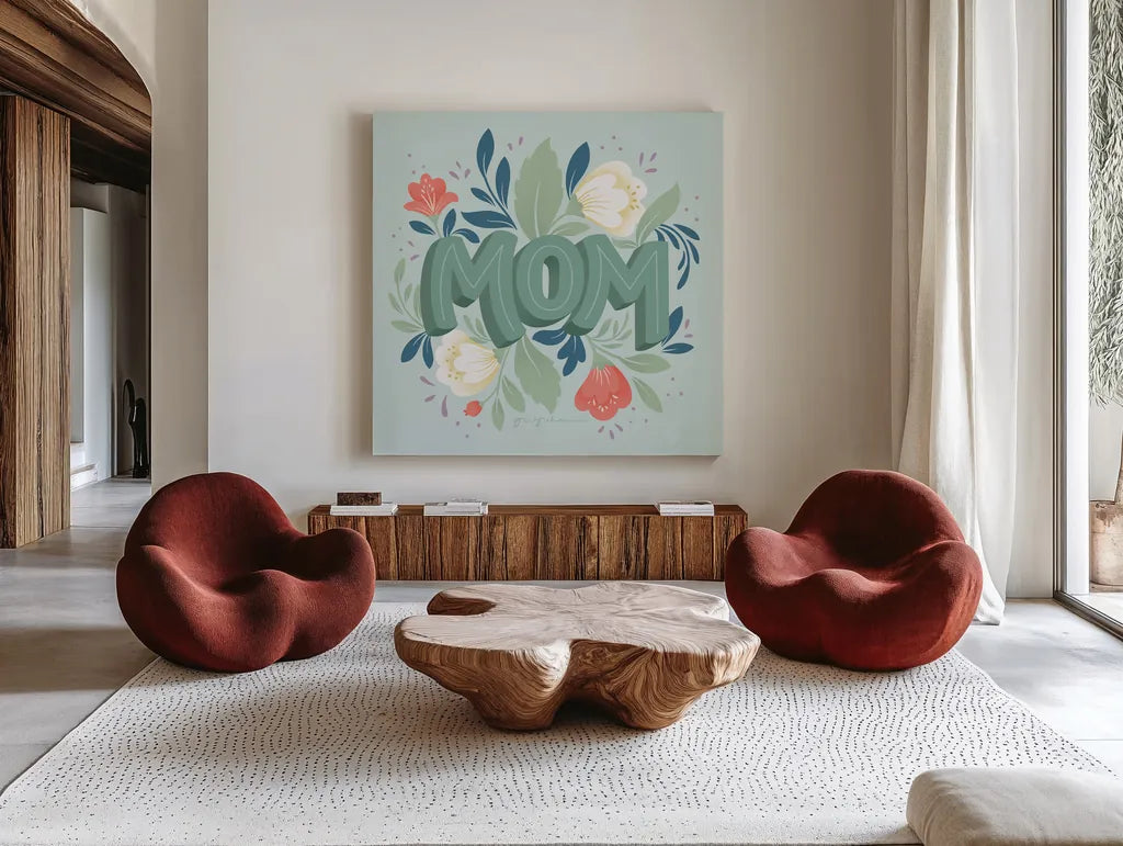 Mom by Gia Graham. Shown as extra-large giant wall art in a modern living room. Available as an archival giclee rolled canvas, fine art paper, or poster print. SKU 67312a.