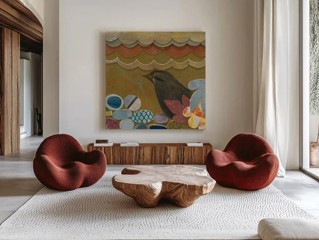 Nesting Birds I by Candra Boggs. Shown as extra-large giant wall art in a modern living room. Available as an archival giclee rolled canvas, fine art paper, or poster print. SKU 19586a.