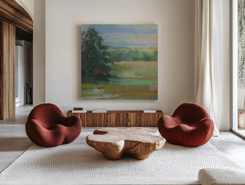 Abstract Field I by Carol Rowan. Shown as extra-large giant wall art in a modern living room. Available as an archival giclee rolled canvas, fine art paper, or poster print. SKU 21446a.