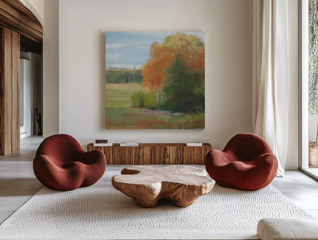 Abstract Field II Bright Blue Sky by Carol Rowan. Shown as extra-large giant wall art in a modern living room. Available as an archival giclee rolled canvas, fine art paper, or poster print. SKU 42304a.