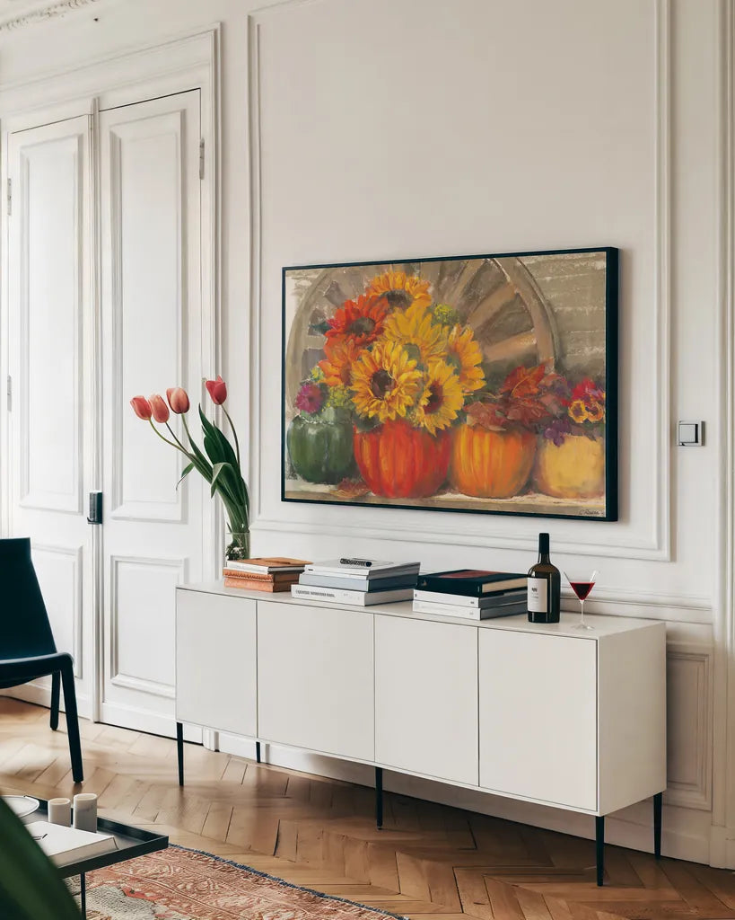 Autumn Still LIfe by Carol Rowan. shown as a framed stretched canvas in a living room above a console. Available as a archival giclee rolled canvas, fine art paper, or poster print. SKU 20558i.