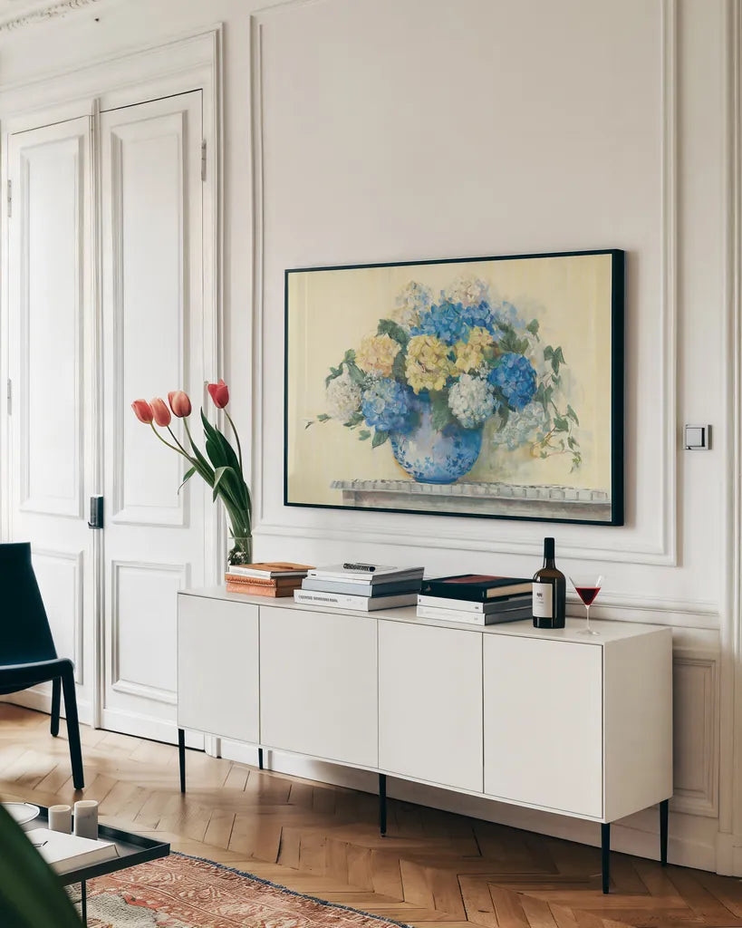 Blue Hydrangea by Carol Rowan. shown as a framed stretched canvas in a living room above a console. Available as a archival giclee rolled canvas, fine art paper, or poster print. SKU 42366i.