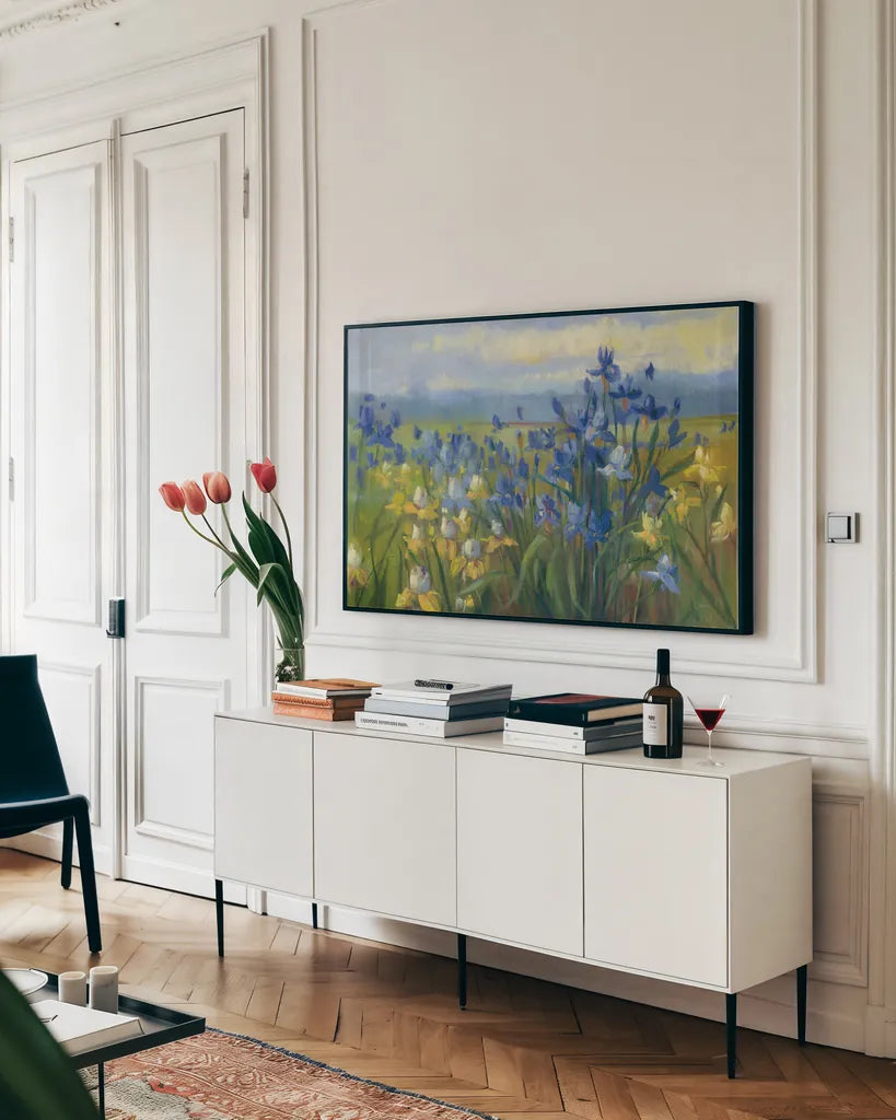 Blue and Yellow Flower Field v2 by Carol Rowan. shown as a framed stretched canvas in a living room above a console. Available as a archival giclee rolled canvas, fine art paper, or poster print. SKU 42307i.