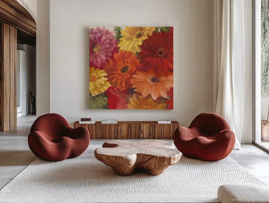 Bountiful Gerberas Square I by Carol Rowan. Shown as extra-large giant wall art in a modern living room. Available as an archival giclee rolled canvas, fine art paper, or poster print. SKU 26991a.