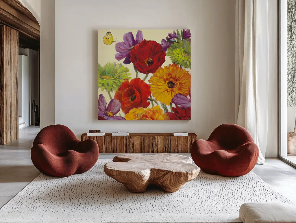 Butterfly Flower Scatter III by Carol Rowan. Shown as extra-large giant wall art in a modern living room. Available as an archival giclee rolled canvas, fine art paper, or poster print. SKU 10296a.