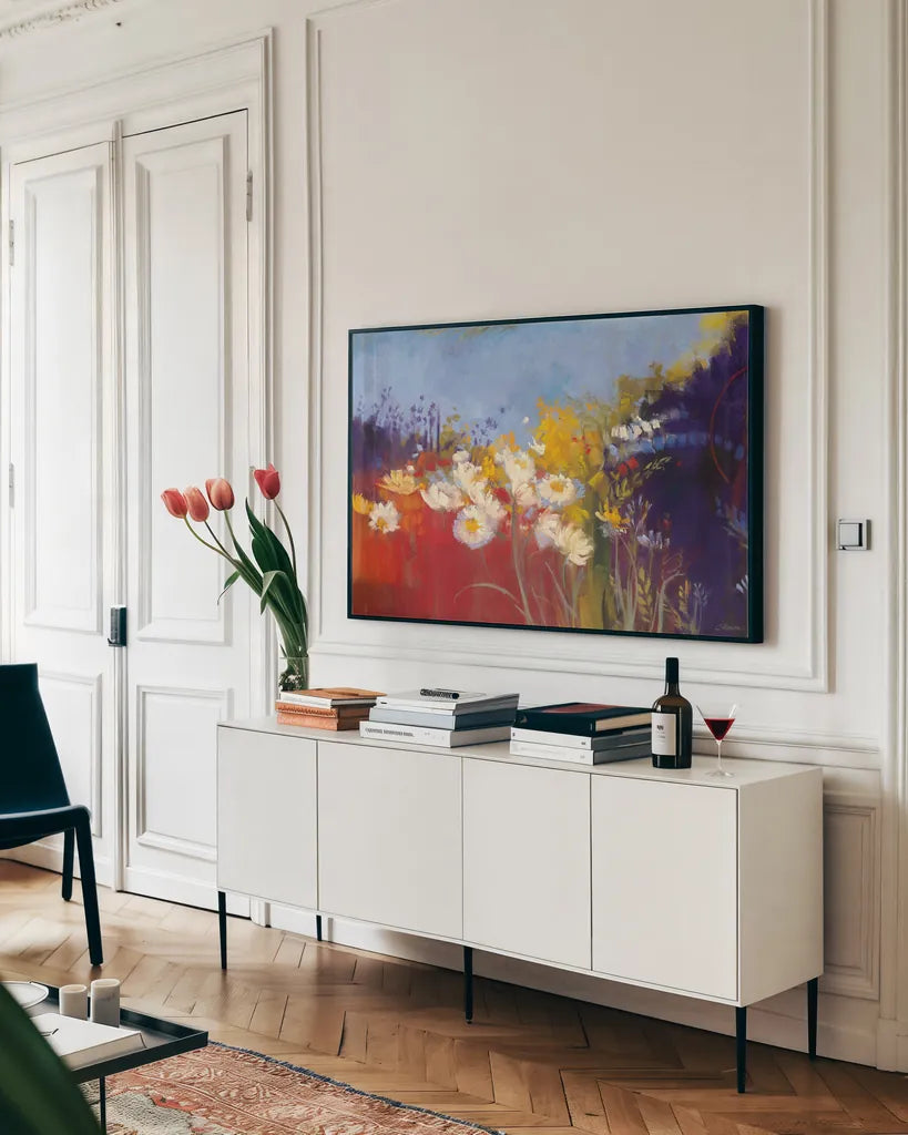 Contemporary Meadow Red by Carol Rowan. shown as a framed stretched canvas in a living room above a console. Available as a archival giclee rolled canvas, fine art paper, or poster print. SKU 41958i.
