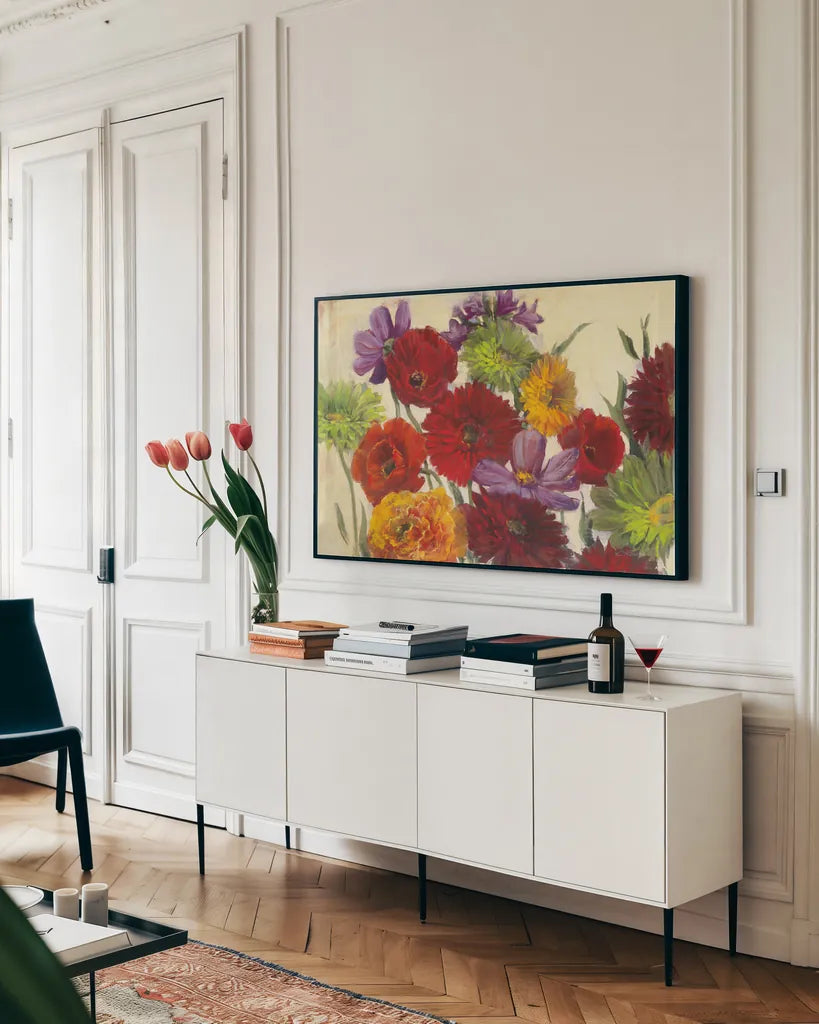 Flower Scatter by Carol Rowan. shown as a framed stretched canvas in a living room above a console. Available as a archival giclee rolled canvas, fine art paper, or poster print. SKU 42290i.