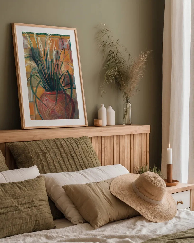 Grasses in Red Vase by Carol Rowan. shown as a paper print in a natural frame. Available as a archival giclee rolled canvas, fine art paper, or poster print. SKU 7934h.