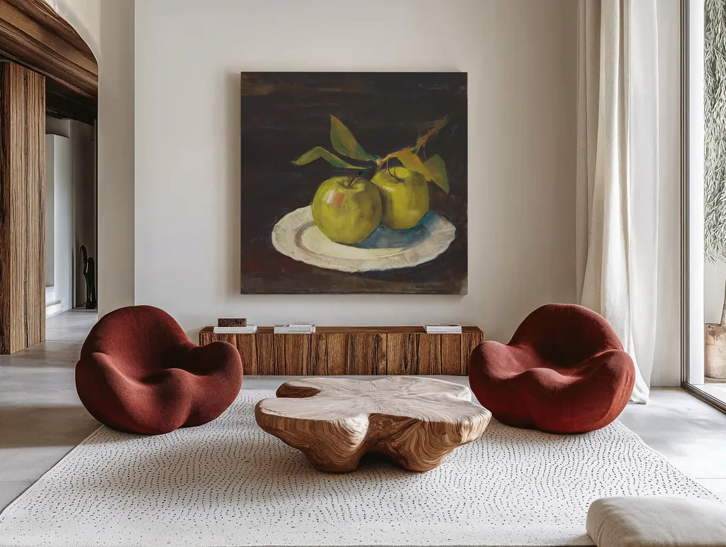 Green Apple I Dark Brown by Carol Rowan. Shown as extra-large giant wall art in a modern living room. Available as an archival giclee rolled canvas, fine art paper, or poster print. SKU 76149a.