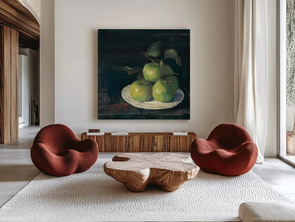 Green Apples II by Carol Rowan. Shown as extra-large giant wall art in a modern living room. Available as an archival giclee rolled canvas, fine art paper, or poster print. SKU 42419a.
