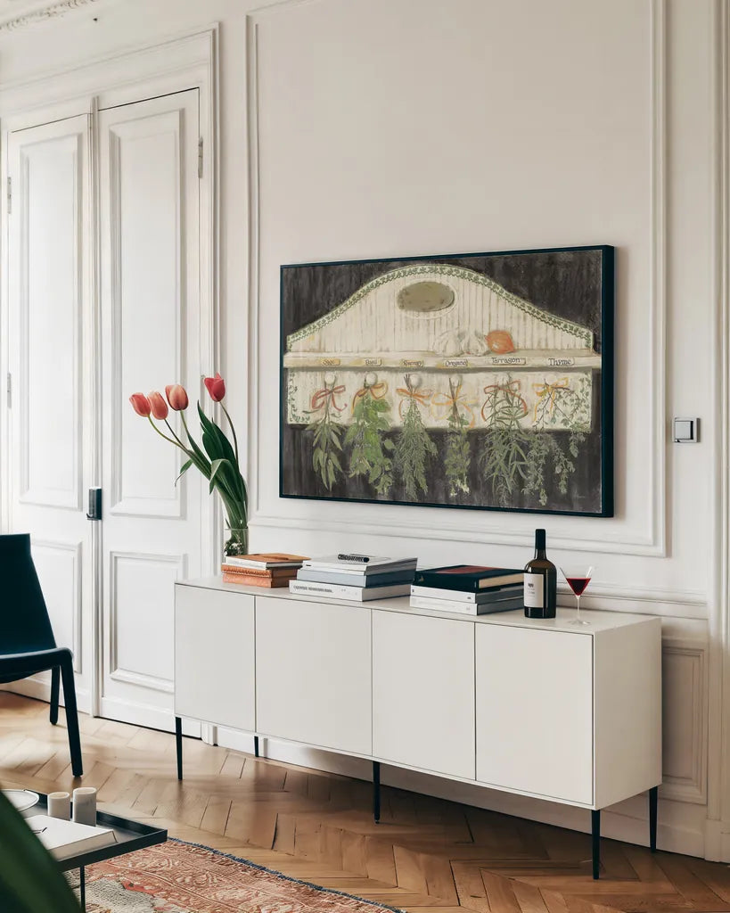 Herbs on Pegs Black by Carol Rowan. shown as a framed stretched canvas in a living room above a console. Available as a archival giclee rolled canvas, fine art paper, or poster print. SKU 50544i.