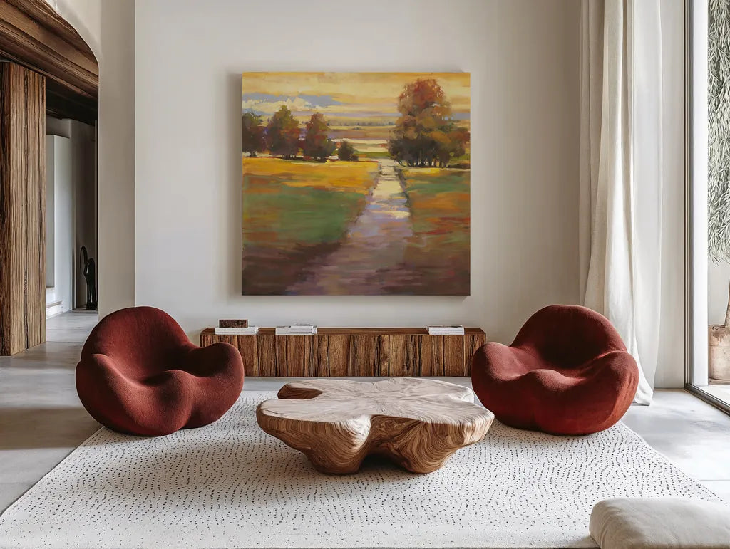 October Path by Carol Rowan. Shown as extra-large giant wall art in a modern living room. Available as an archival giclee rolled canvas, fine art paper, or poster print. SKU 12781a.