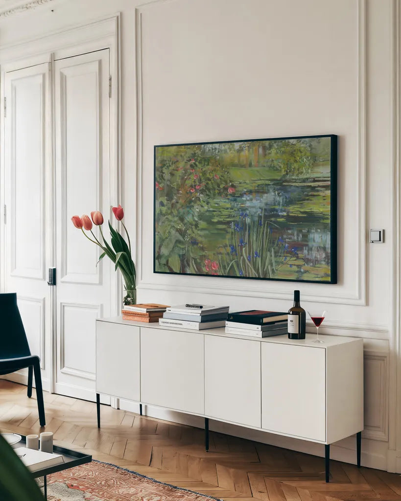 Peaceful Pond by Carol Rowan. shown as a framed stretched canvas in a living room above a console. Available as a archival giclee rolled canvas, fine art paper, or poster print. SKU 36214i.
