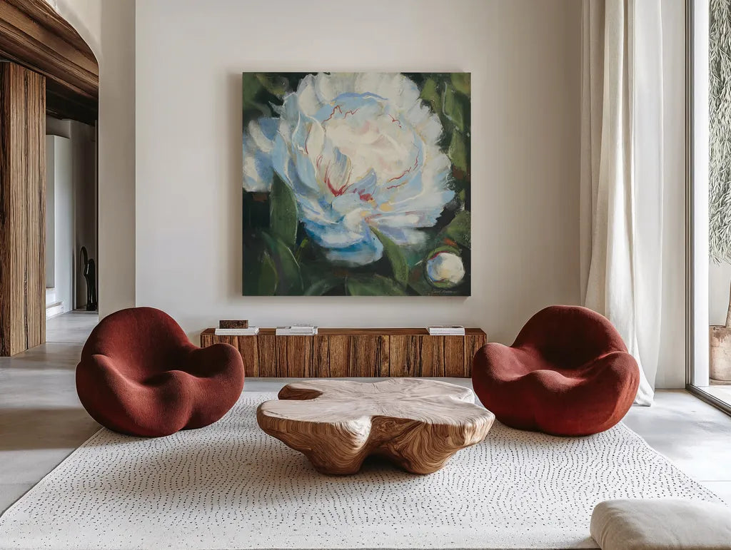 Peony I by Carol Rowan. Shown as extra-large giant wall art in a modern living room. Available as an archival giclee rolled canvas, fine art paper, or poster print. SKU 41461a.