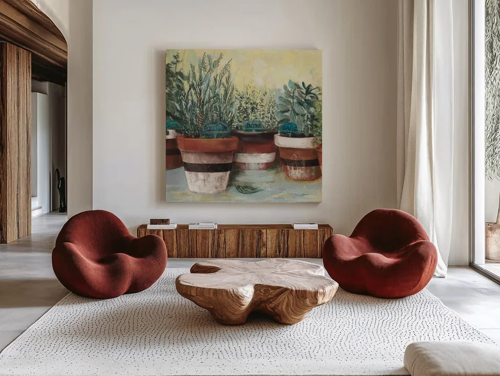 Potted Herbs II Stripes Crop by Carol Rowan. Shown as extra-large giant wall art in a modern living room. Available as an archival giclee rolled canvas, fine art paper, or poster print. SKU 50559a.