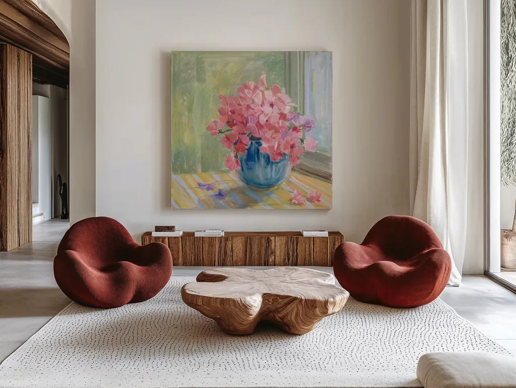 Pretty in Pink by Carol Rowan. Shown as extra-large giant wall art in a modern living room. Available as an archival giclee rolled canvas, fine art paper, or poster print. SKU 38630a.