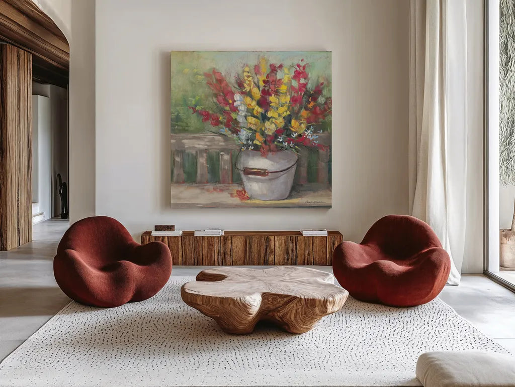 Snapdragon Bouquet by Carol Rowan. Shown as extra-large giant wall art in a modern living room. Available as an archival giclee rolled canvas, fine art paper, or poster print. SKU 65548a.