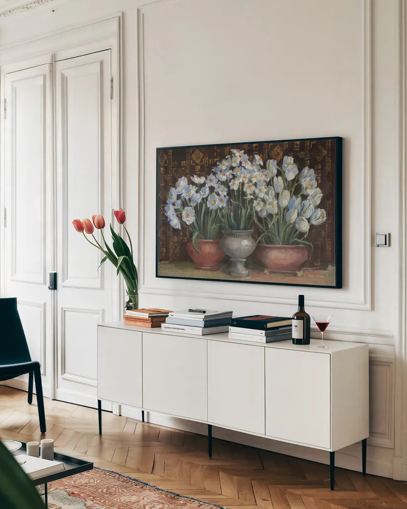 Spring Blossoms by Carol Rowan. shown as a framed stretched canvas in a living room above a console. Available as a archival giclee rolled canvas, fine art paper, or poster print. SKU 42378i.
