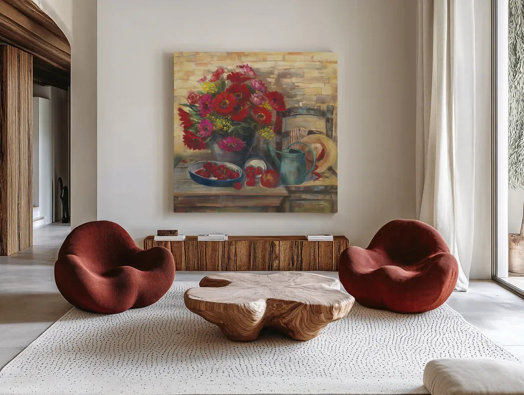 Strawberries and Zinnias by Carol Rowan. Shown as extra-large giant wall art in a modern living room. Available as an archival giclee rolled canvas, fine art paper, or poster print. SKU 12791a.