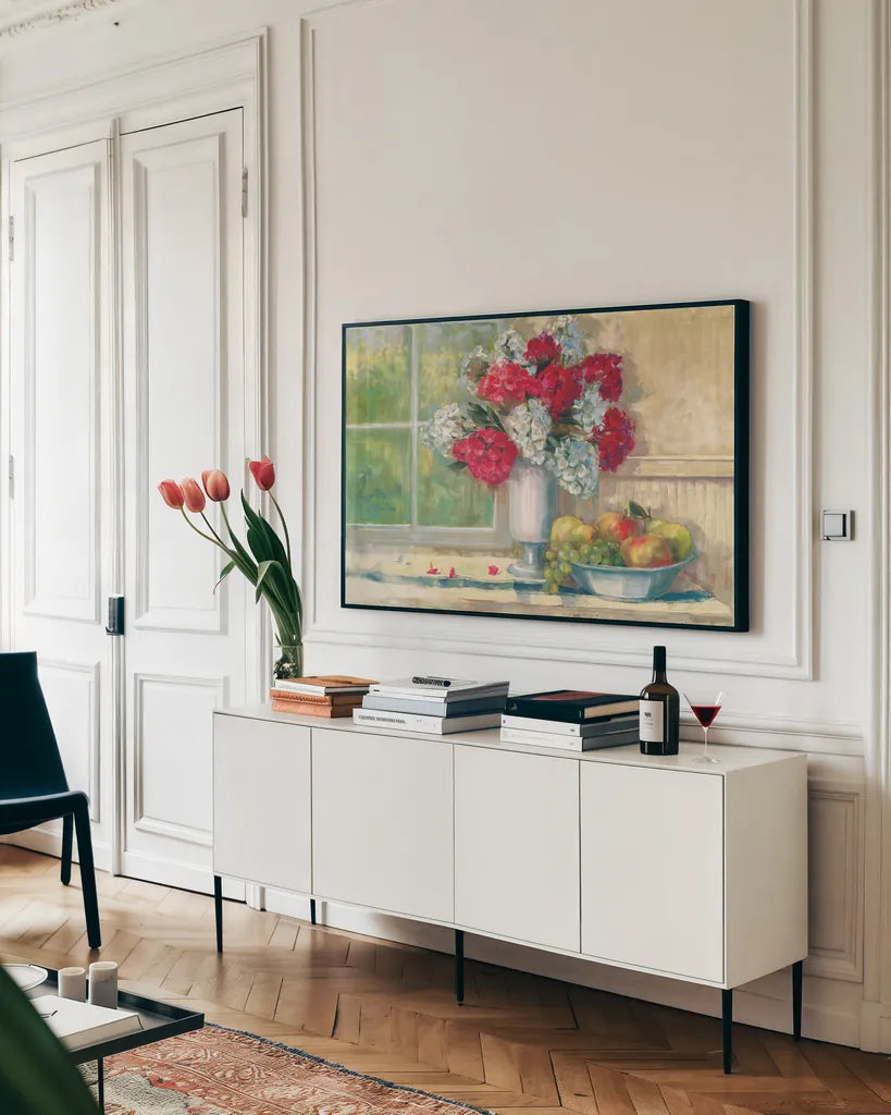 Sue Red White Phlox by Carol Rowan. shown as a framed stretched canvas in a living room above a console. Available as a archival giclee rolled canvas, fine art paper, or poster print. SKU 16007i.