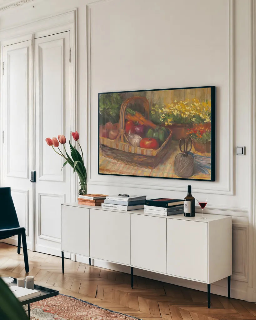 Summer Produce by Carol Rowan. shown as a framed stretched canvas in a living room above a console. Available as a archival giclee rolled canvas, fine art paper, or poster print. SKU 16011i.