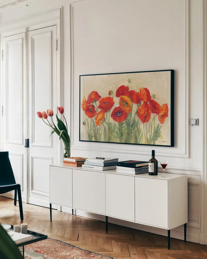 Vibrant Poppies by Carol Rowan. shown as a framed stretched canvas in a living room above a console. Available as a archival giclee rolled canvas, fine art paper, or poster print. SKU 7999i.