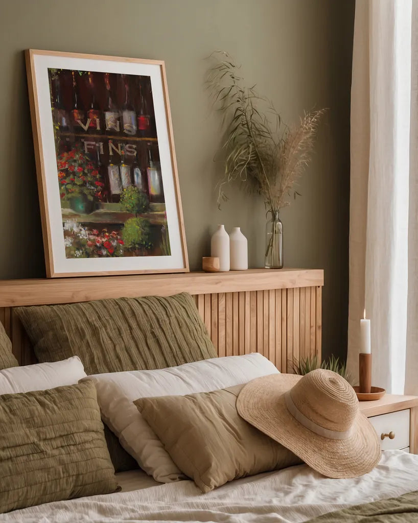 Wine and Herbs I by Carol Rowan. shown as a paper print in a natural frame. Available as a archival giclee rolled canvas, fine art paper, or poster print. SKU 8178h.