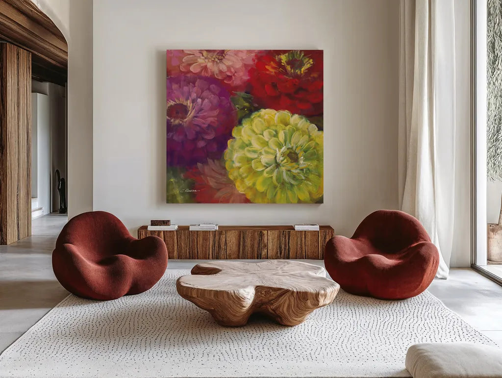 Zinnia Gala I by Carol Rowan. Shown as extra-large giant wall art in a modern living room. Available as an archival giclee rolled canvas, fine art paper, or poster print. SKU 8648a.